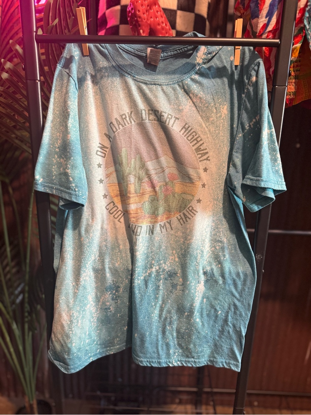 Gildan Soft style Teal Graphic Desert Highway Short Sleeve Tee Hand bleached